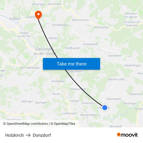 Holzkirch to Donzdorf map