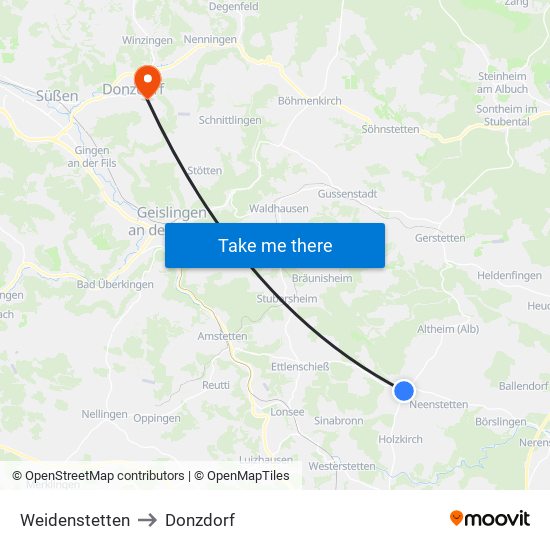 Weidenstetten to Donzdorf map