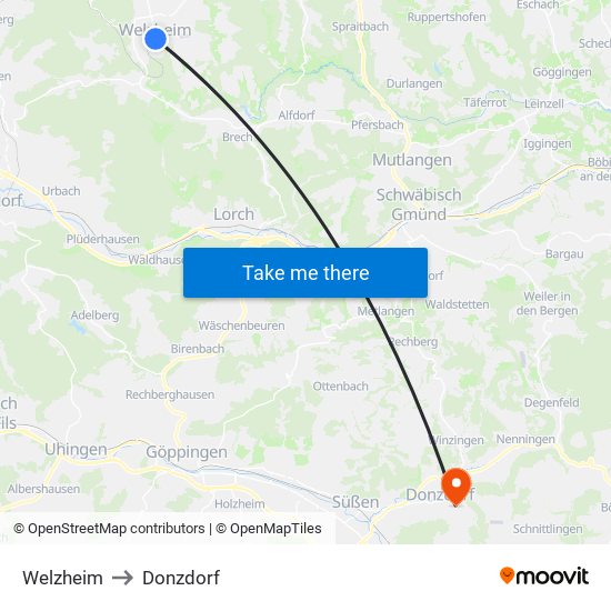 Welzheim to Donzdorf map