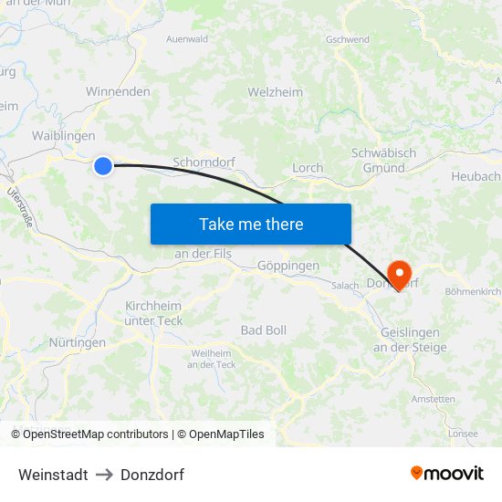 Weinstadt to Donzdorf map