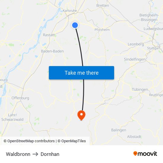 Waldbronn to Dornhan map