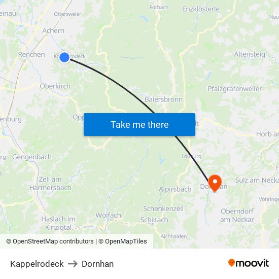 Kappelrodeck to Dornhan map