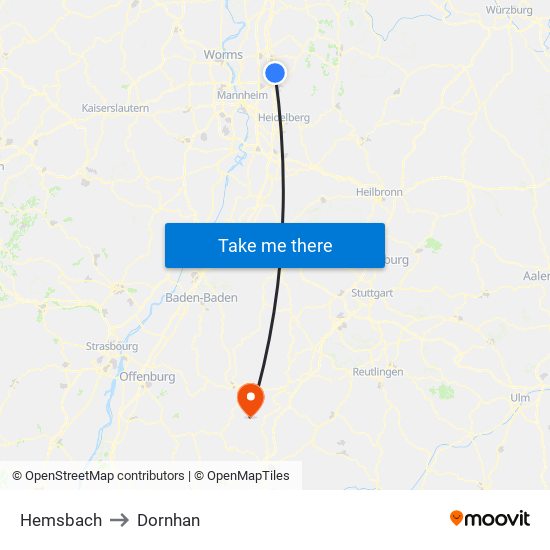 Hemsbach to Dornhan map