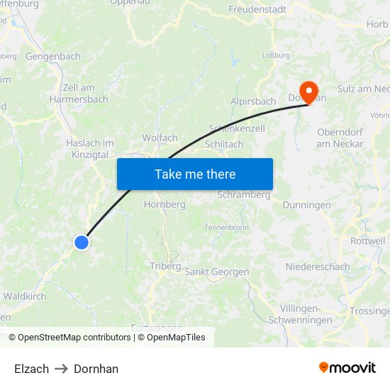 Elzach to Dornhan map