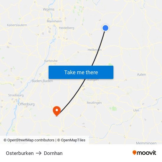 Osterburken to Dornhan map