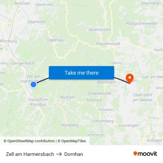 Zell am Harmersbach to Dornhan map
