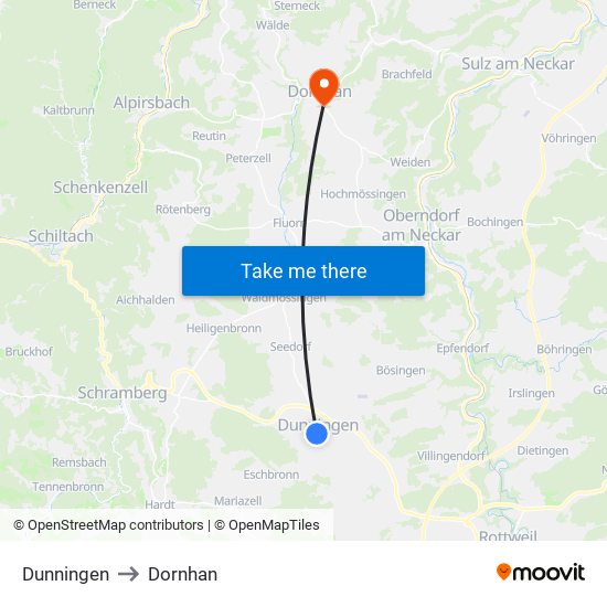 Dunningen to Dornhan map