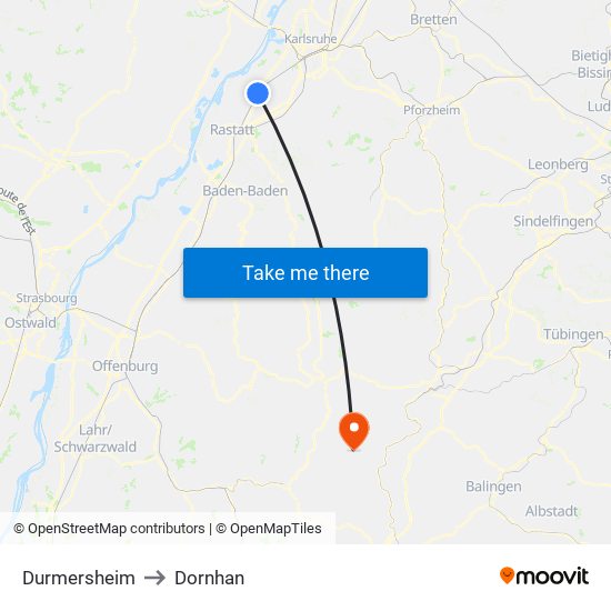 Durmersheim to Dornhan map