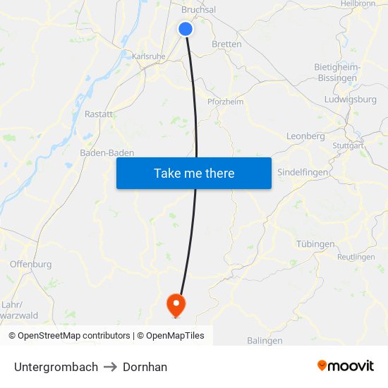 Untergrombach to Dornhan map