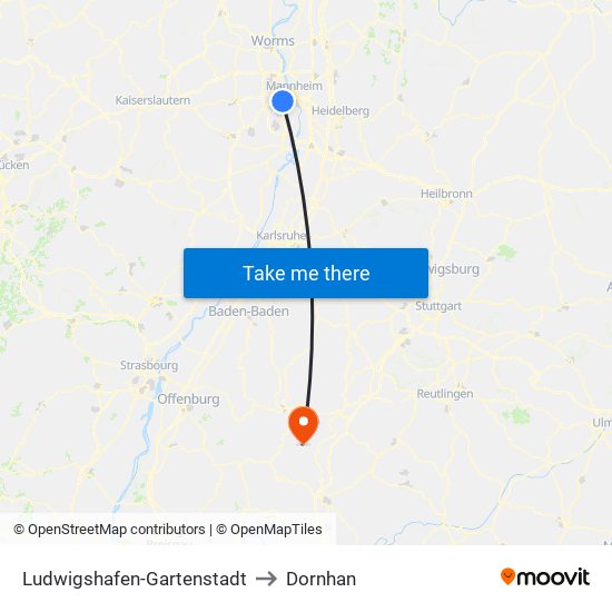Ludwigshafen-Gartenstadt to Dornhan map