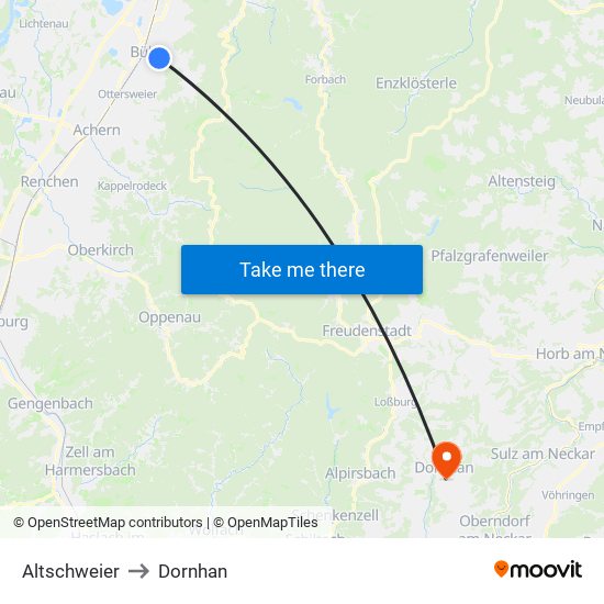 Altschweier to Dornhan map