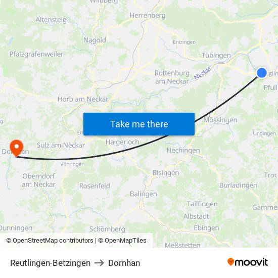 Reutlingen-Betzingen to Dornhan map