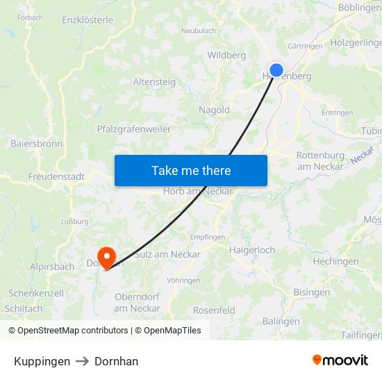Kuppingen to Dornhan map