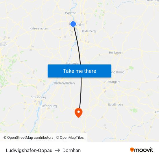 Ludwigshafen-Oppau to Dornhan map