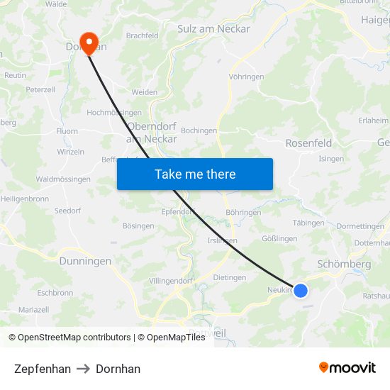 Zepfenhan to Dornhan map