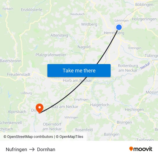 Nufringen to Dornhan map