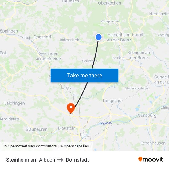 Steinheim am Albuch to Dornstadt map