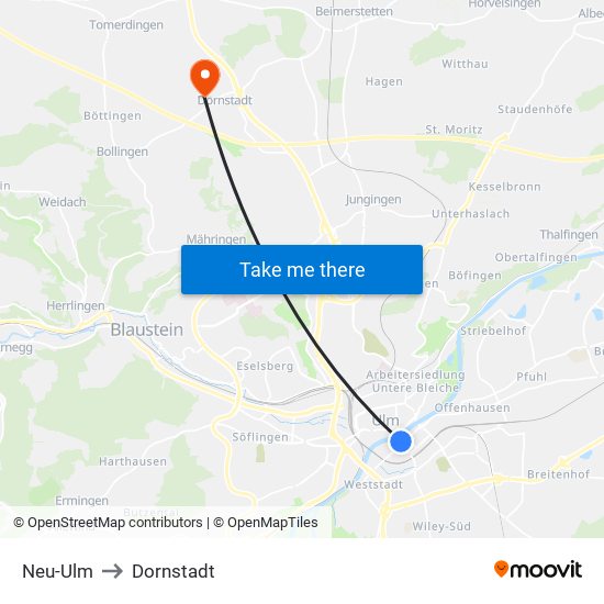 Neu-Ulm to Dornstadt map