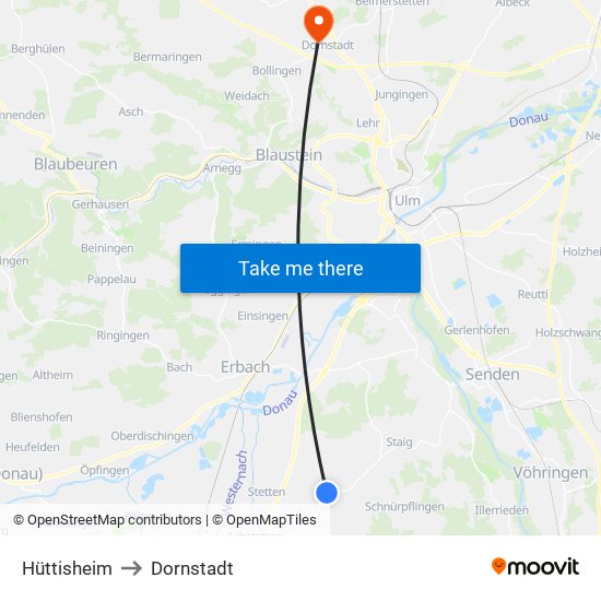 Hüttisheim to Dornstadt map