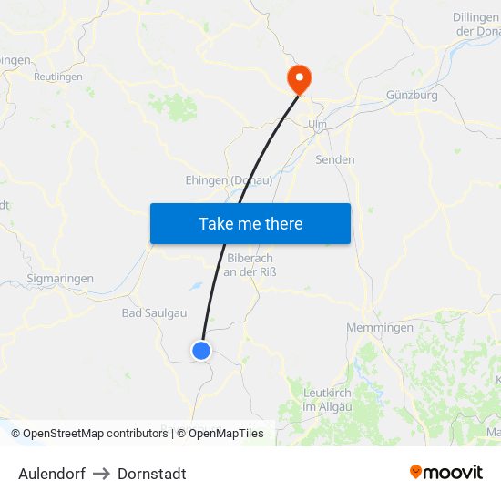 Aulendorf to Dornstadt map