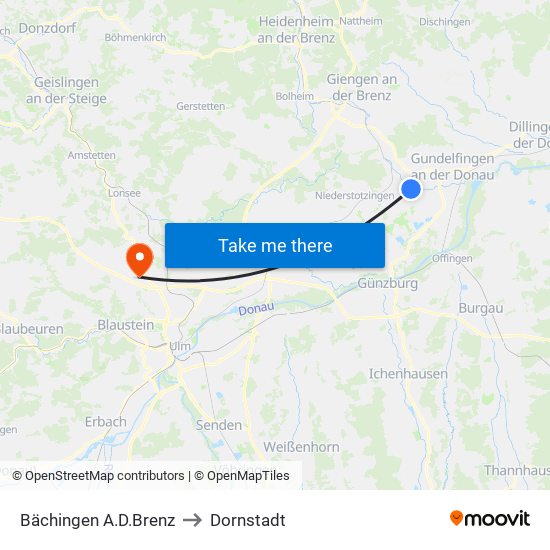 Bächingen A.D.Brenz to Dornstadt map