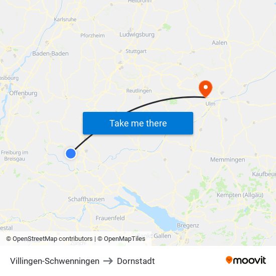 Villingen-Schwenningen to Dornstadt map