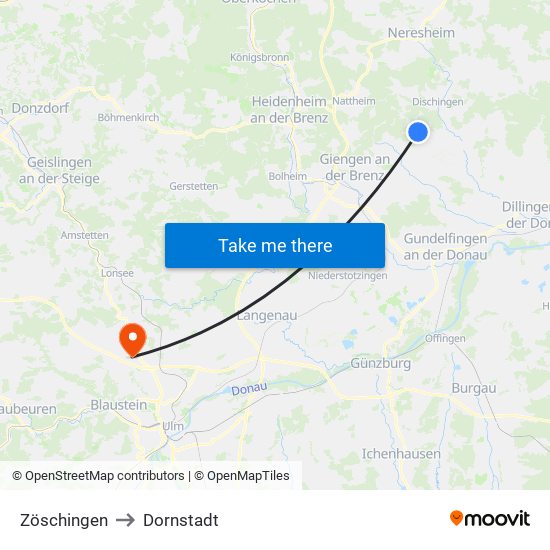 Zöschingen to Dornstadt map