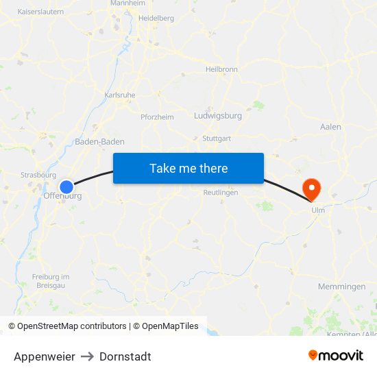 Appenweier to Dornstadt map