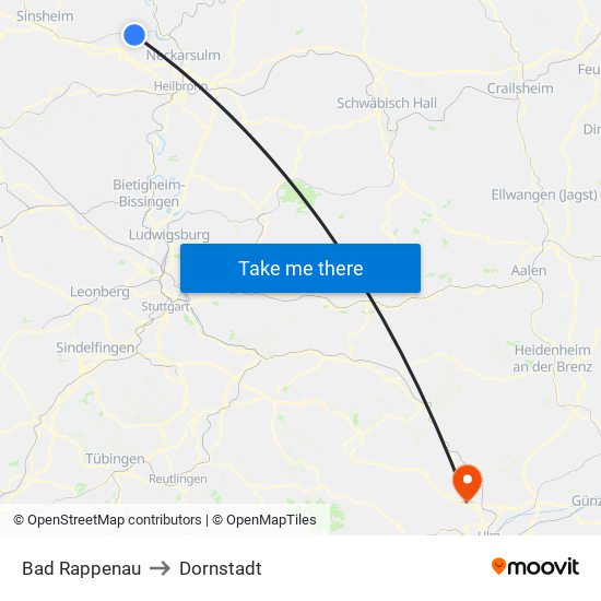 Bad Rappenau to Dornstadt map