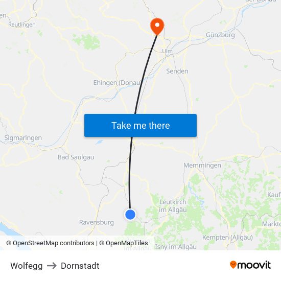 Wolfegg to Dornstadt map