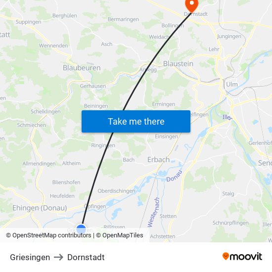 Griesingen to Dornstadt map