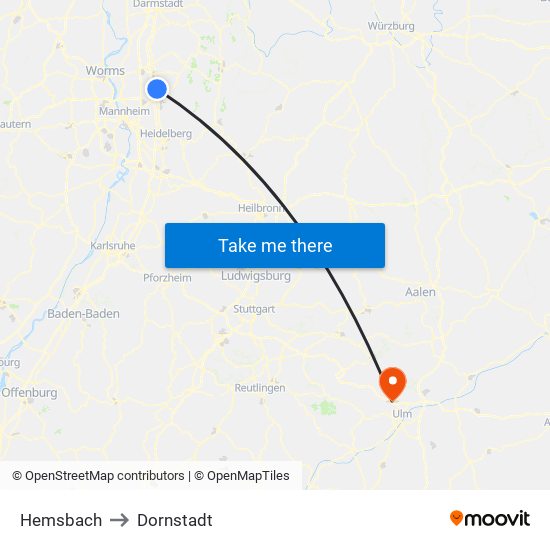 Hemsbach to Dornstadt map