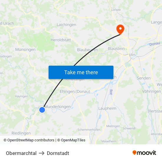 Obermarchtal to Dornstadt map