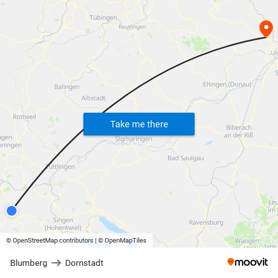 Blumberg to Dornstadt map