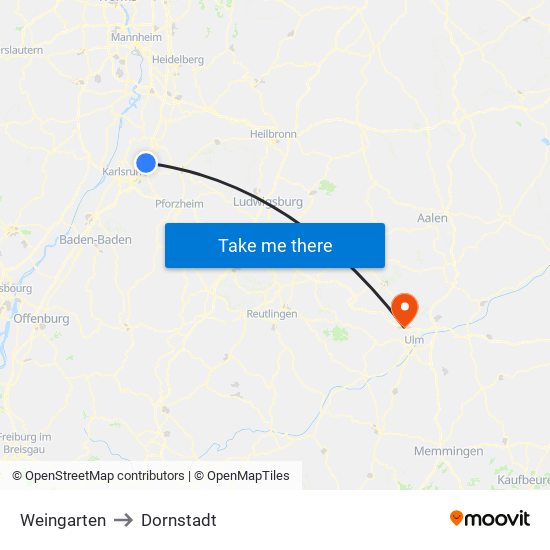 Weingarten to Dornstadt map