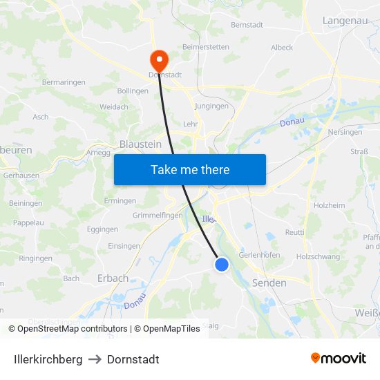 Illerkirchberg to Dornstadt map