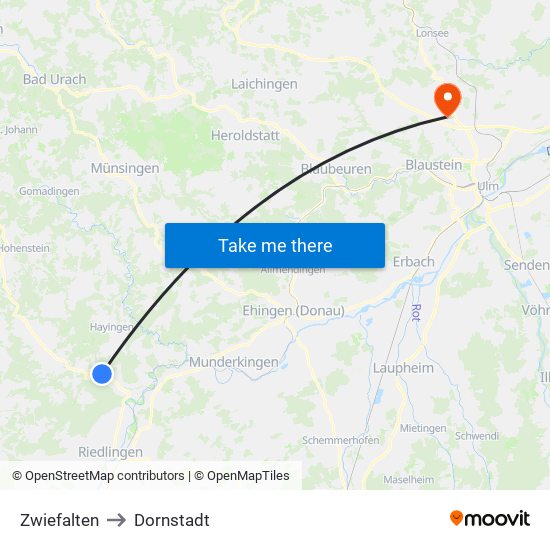 Zwiefalten to Dornstadt map