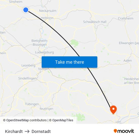 Kirchardt to Dornstadt map