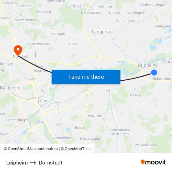 Leipheim to Dornstadt map