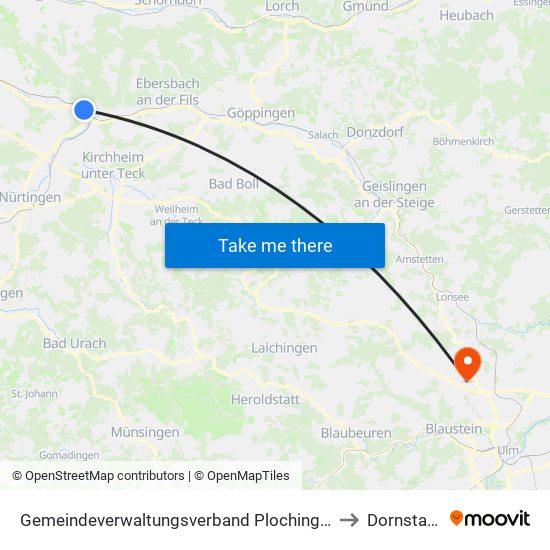 Gemeindeverwaltungsverband Plochingen to Dornstadt map