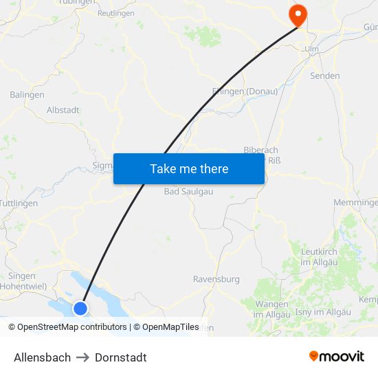 Allensbach to Dornstadt map