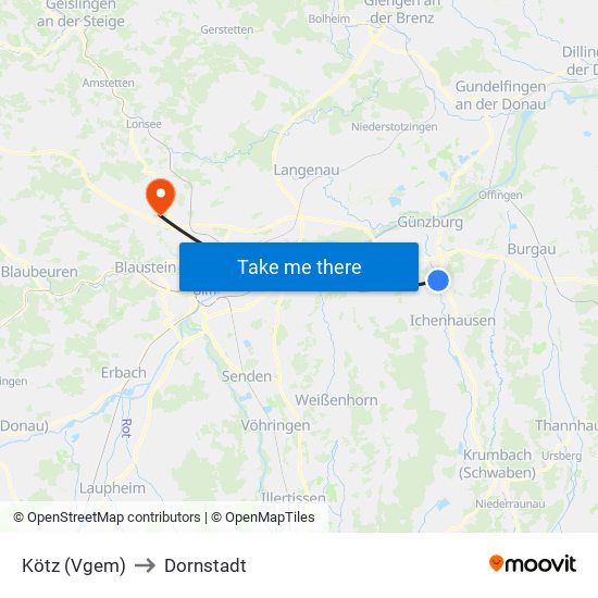 Kötz (Vgem) to Dornstadt map