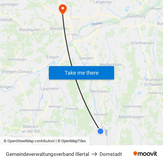 Gemeindeverwaltungsverband Illertal to Dornstadt map