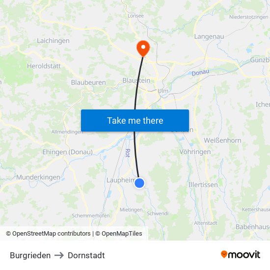 Burgrieden to Dornstadt map