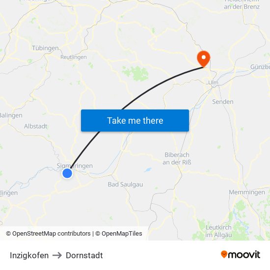 Inzigkofen to Dornstadt map