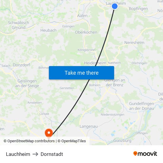 Lauchheim to Dornstadt map