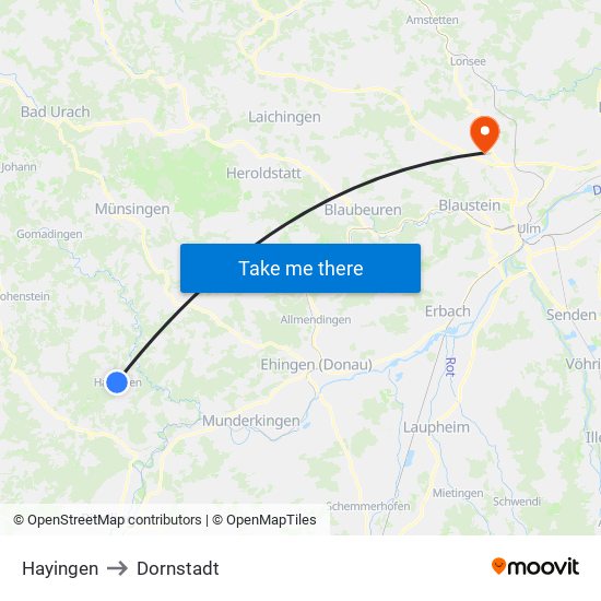 Hayingen to Dornstadt map