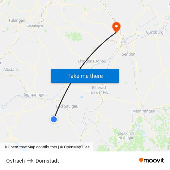 Ostrach to Dornstadt map