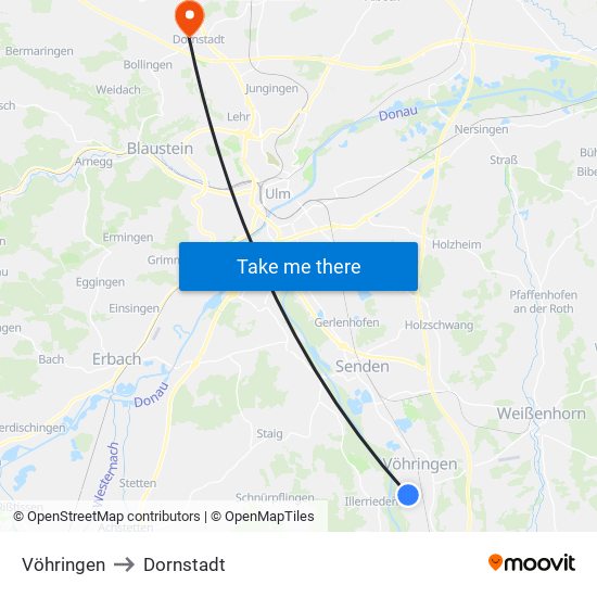 Vöhringen to Dornstadt map