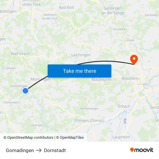 Gomadingen to Dornstadt map